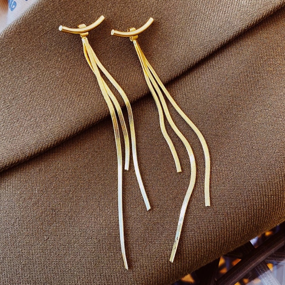 NEW 18K ROSE GOLD EARRINGS LONG TASSEL ARC EARRINGS - Picture 2 of 6